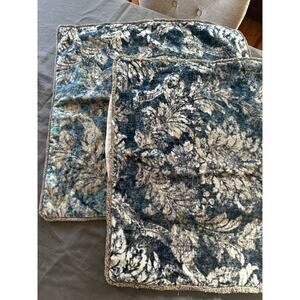 Pottery barn Claudine Pillow Cover cases velvet Euro Blue tan fringed set of 2